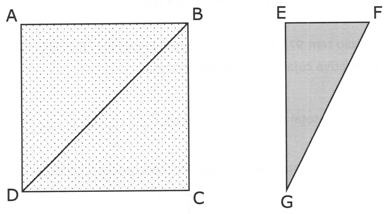 À esquerda, quadrado ABCD (A superior esquerdo, B superior direito, C inferior direito, D inferior esquerdo) dividido pela diagonal BD. À direita, triângulo retângulo EFG com ângulo reto em E: lado EF horizontal no topo, mais curto, e lado EG vertical, com a mesma altura do quadrado.