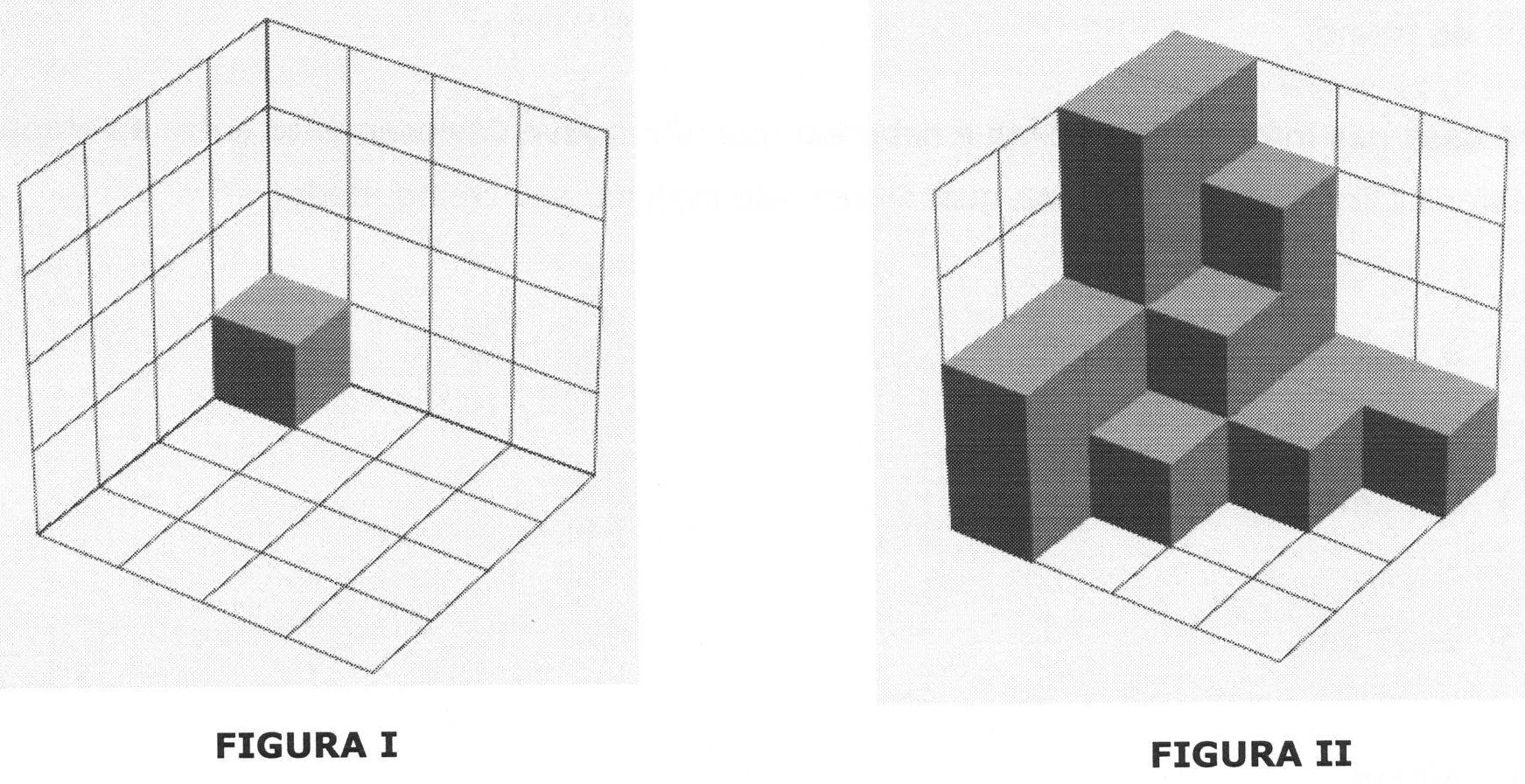 Figura I: canto de uma grade tridimensional quadriculada (chão e duas paredes) com um único cubo no vértice. Figura II: a mesma grade com vários cubos empilhados em diferentes alturas a partir do canto.