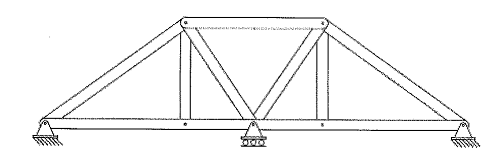 Treliça plana com banzo inferior horizontal sobre três apoios (fixo à esquerda, móvel com roletes no centro, fixo à direita); dois nós superiores ligados por barra horizontal, cada um ligado ao apoio da extremidade por barra inclinada, ao banzo inferior por montante vertical e ao nó central inferior por diagonal.