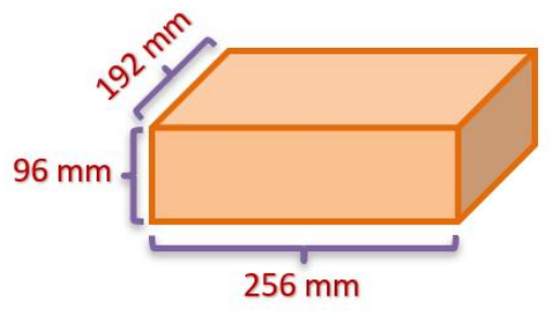 Paralelepípedo retângulo laranja com as medidas: 192 mm (largura/profundidade), 96 mm (altura) e 256 mm (comprimento).
