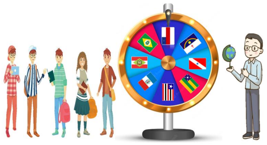 Ilustração: cinco estudantes em pé à esquerda; ao centro, uma roleta dividida em 8 setores, cada um com a bandeira de um estado brasileiro; à direita, um professor segurando um pequeno globo terrestre.