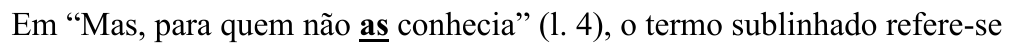 Comando da questão, com o termo “as” em negrito e sublinhado: Em “Mas, para quem não as conhecia” (l. 4), o termo sublinhado refere-se