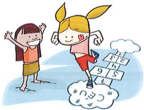 Ilustração de duas meninas brincando de amarelinha desenhada no chão, com casas numeradas e o 'céu' no topo.