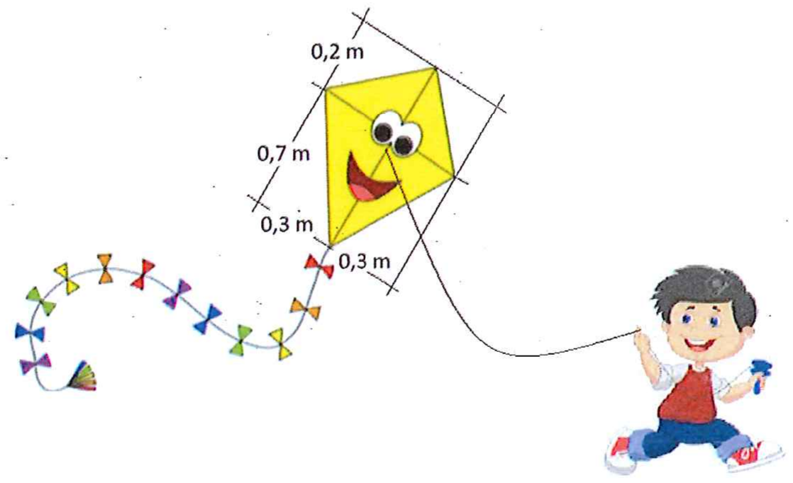 Menino empinando uma pipa em forma de quadrilátero, com cotas de 0,2 m e 0,3 m em um lado e de 0,7 m e 0,3 m no outro, medidas ao longo das diagonais.