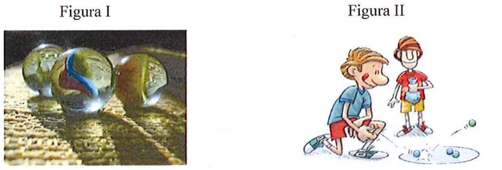 Figura I: fotografia de bolinhas de gude de vidro coloridas. Figura II: ilustração de dois meninos jogando bolinha de gude.