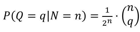 Fórmula: P de Q igual a q dado N igual a n é igual a 1 sobre 2 elevado a n, vezes o coeficiente binomial n sobre q.
