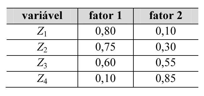 Tabela de cargas fatoriais com colunas variável, fator 1 e fator 2: Z1 0,80 e 0,10; Z2 0,75 e 0,30; Z3 0,60 e 0,55; Z4 0,10 e 0,85.