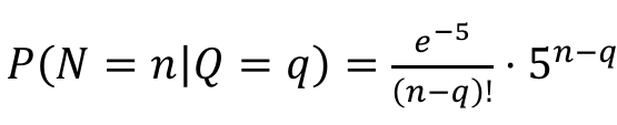 Fórmula: P de N igual a n dado Q igual a q é igual a e elevado a menos 5, dividido por n menos q fatorial, vezes 5 elevado a n menos q.