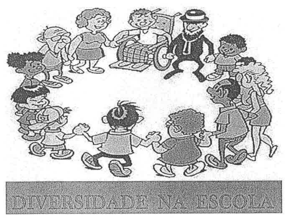 Ilustração de crianças e adultos de aparências diversas, incluindo uma pessoa em cadeira de rodas, de mãos dadas em roda, sobre a faixa com o texto “Diversidade na escola”.