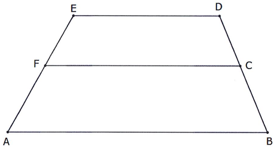 Trapézio ABDE dividido pelo segmento FC, paralelo às bases AB (inferior) e ED (superior), formando os trapézios ABCF e FCDE.