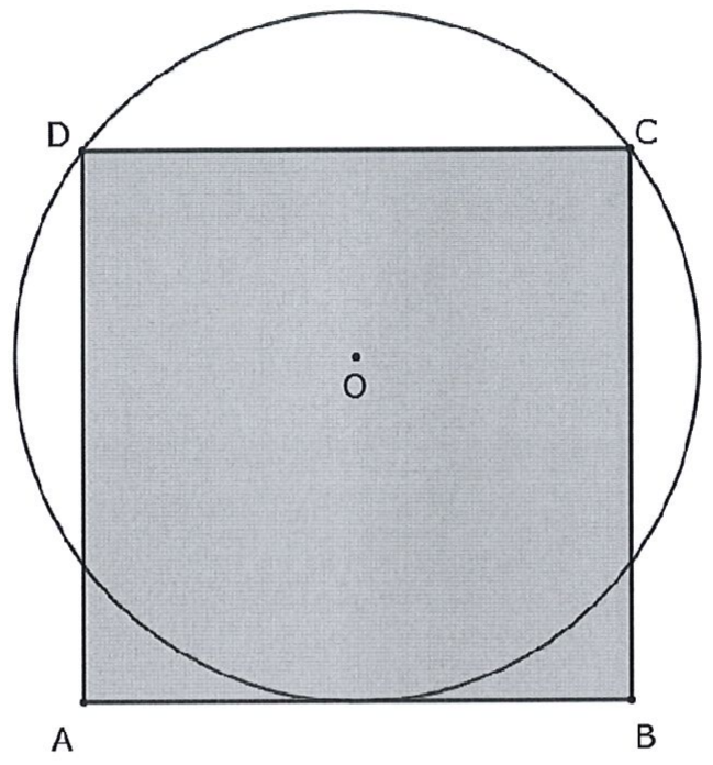 Quadrado ABCD sombreado, com AB na base, e circunferência de centro O que passa pelos vértices C e D e tangencia o lado AB.