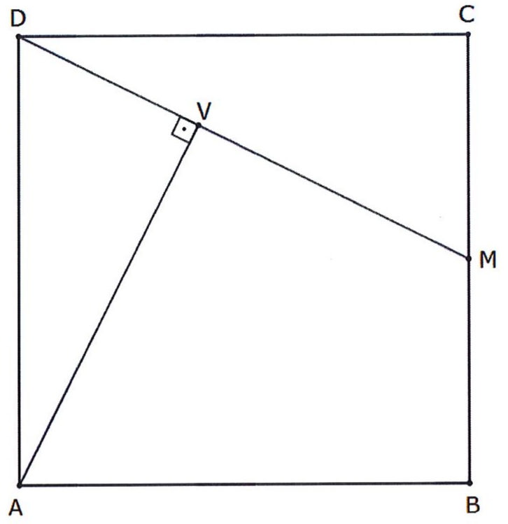 Quadrado ABCD com M no lado BC, segmento DM e segmento AV perpendicular a DM no ponto V, com marca de ângulo reto.