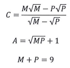 Expressões: C igual a M raiz de M menos P raiz de P, tudo dividido por raiz de M menos raiz de P; A igual a raiz de MP mais 1; M mais P igual a 9.