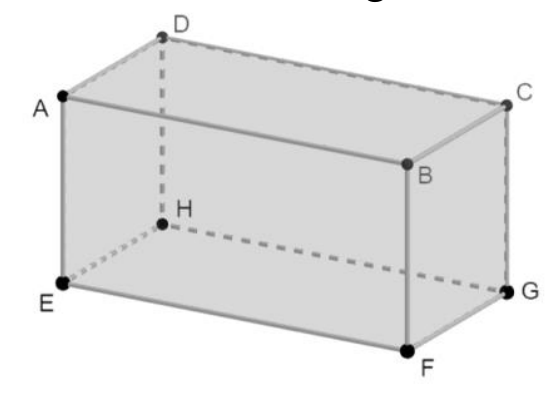 Paralelepípedo retorretângulo com vértices A, B, C, D na face superior e E, F, G, H na face inferior; arestas ocultas tracejadas (D–H, H–E, H–G).