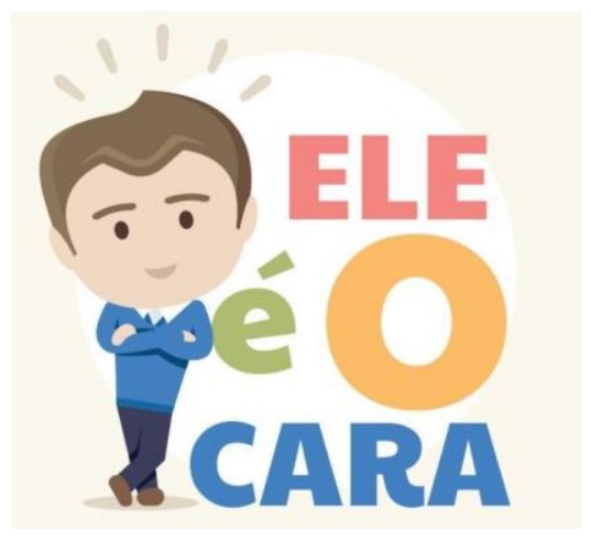 Ilustração de um rapaz sorridente de braços cruzados ao lado das palavras “ELE é O CARA”.