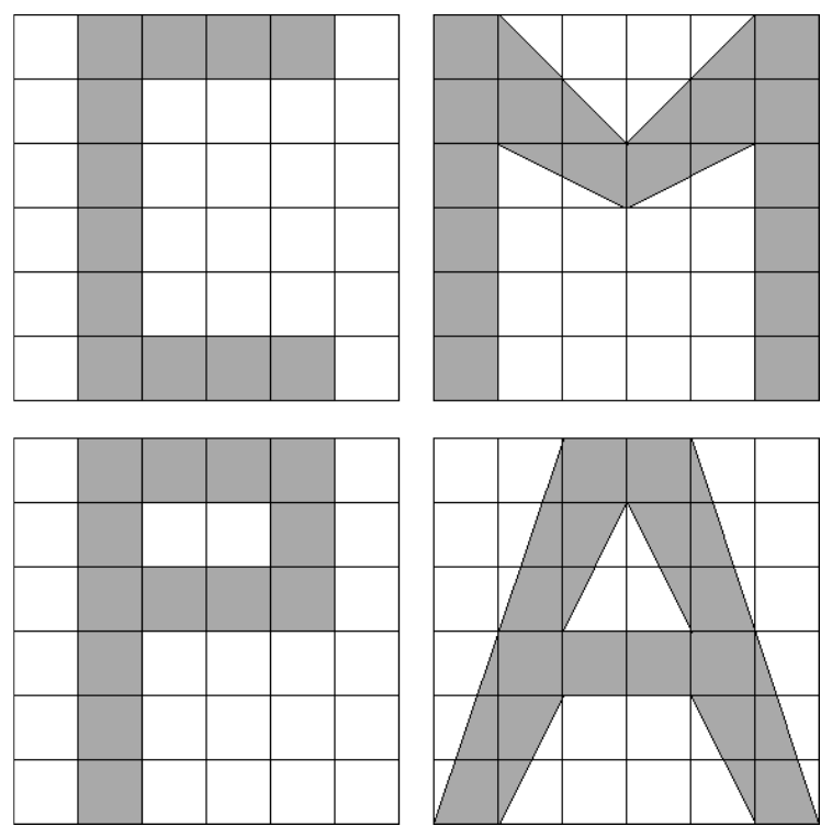 Quatro malhas quadriculadas de 6 × 6 quadrados, cada uma com uma letra sombreada em cinza: C, M, P e A. As letras C e P são formadas por quadrados inteiros; nas letras M e A, há regiões triangulares (traços inclinados) cujos vértices coincidem com vértices da malha.