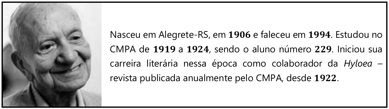 Quadro com foto de Mario Quintana idoso, sorrindo, e o texto: “Nasceu em Alegrete-RS, em 1906 e faleceu em 1994. Estudou no CMPA de 1919 a 1924, sendo o aluno número 229. Iniciou sua carreira literária nessa época como colaborador da Hyloea – revista publicada anualmente pelo CMPA, desde 1922.” Os números 1906, 1994, 1919, 1924, 229 e 1922 estão em negrito.