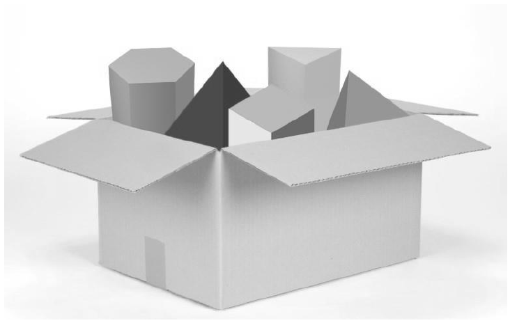 Caixa de papelão aberta da qual saem alguns sólidos geométricos: um prisma de base hexagonal, pirâmides e um prisma de base triangular.