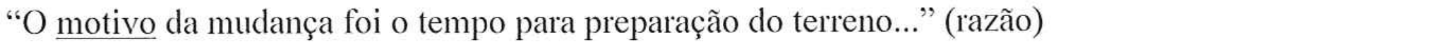 “O motivo da mudança foi o tempo para preparação do terreno...” (razão) — palavra sublinhada: motivo