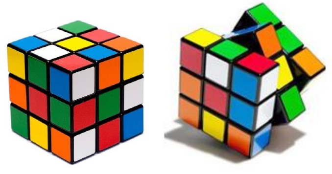 Fotografias de dois cubos mágicos coloridos, um montado com as cores misturadas e outro com uma camada girada.