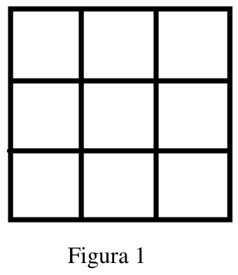 Figura 1: quadrado dividido em uma malha de 3 por 3 quadradinhos iguais, todos em branco.