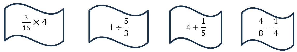 Quatro bandeirolas com as expressões: 3/16 × 4; 1 ÷ 5/3; 4 + 1/5; 4/8 − 1/4.