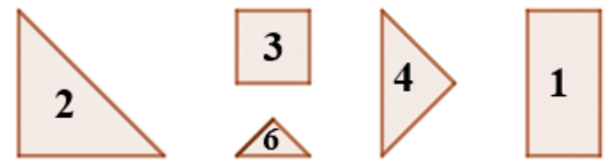 Partes recortadas: triângulo 2, quadrado 3, pequeno triângulo 6, triângulo 4 e retângulo 1.