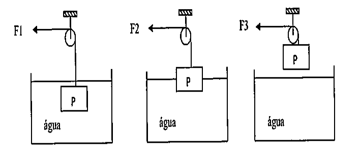 Três etapas de içamento de um bloco P por cabo e polia com forças F1, F2 e F3: bloco totalmente submerso na água, bloco parcialmente submerso e bloco fora da água.
