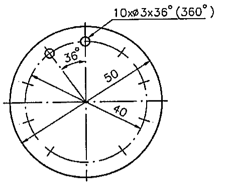 Peça circular com furos distribuídos em círculo, cotas de diâmetro 50 e 40, ângulo de 36° entre furos e indicação 10xø3x36° (360°).