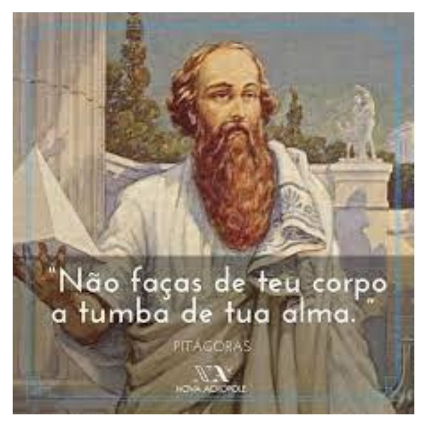 Pintura de Pitágoras, homem barbado de túnica, com a frase “Não faças de teu corpo a tumba de tua alma.” – Pitágoras, e o logotipo Nova Acrópole.
