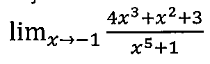 Expressão: limite, quando x tende a −1, de (4x³ + x² + 3) dividido por (x⁵ + 1).