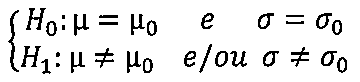 Sistema de hipóteses: H₀: μ = μ₀ e σ = σ₀; H₁: μ ≠ μ₀ e/ou σ ≠ σ₀.