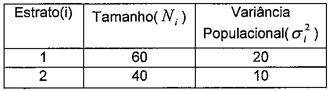 Tabela: Estrato(i), Tamanho(Nᵢ) e Variância Populacional(σᵢ²). Estrato 1: tamanho 60, variância 20. Estrato 2: tamanho 40, variância 10.