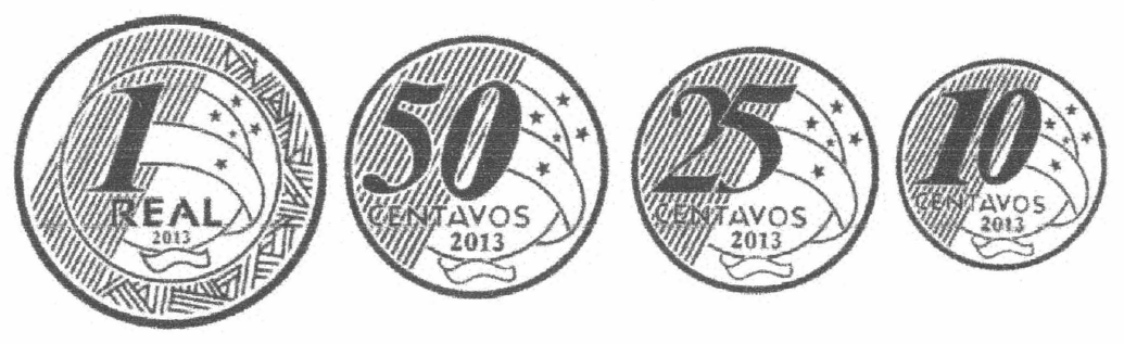 Ilustração de quatro moedas brasileiras: 1 real, 50 centavos, 25 centavos e 10 centavos (ano 2013).