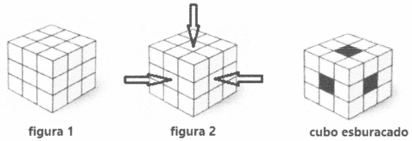 Três desenhos: figura 1 — cubo 3 × 3 × 3 formado por 27 cubinhos; figura 2 — o mesmo cubo com três setas apontando para o cubinho central da face de cima, da face da esquerda e da face da direita; cubo esburacado — o cubo com furos (quadrados pretos) no centro dessas três faces.