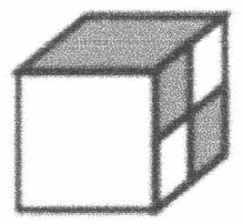 Cubo em perspectiva: face superior inteiramente cinza; face frontal branca; face lateral direita dividida em quatro quadradinhos, com o de cima junto à aresta frontal e o de baixo junto à aresta de trás cinza (diagonal) e os outros dois brancos.
