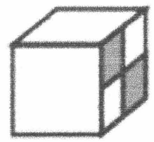 Cubo em perspectiva: face superior branca; face frontal branca; face lateral direita dividida em quatro quadradinhos, com o de cima junto à aresta frontal e o de baixo junto à aresta de trás cinza (diagonal) e os outros dois brancos.