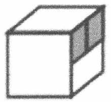 Cubo em perspectiva: face superior branca; face frontal branca; face lateral direita com a metade de cima cinza (dividida em dois quadradinhos cinza) e a metade de baixo branca.