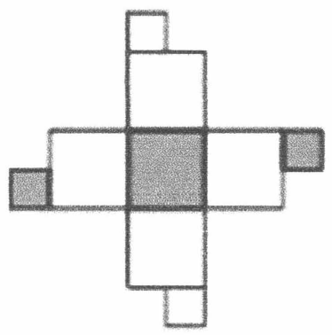 Planificação em forma de cruz: uma coluna vertical de três quadrados grandes cruzada por uma fileira horizontal de três quadrados grandes, com o quadrado central (comum às duas) cinza e os demais brancos. Há ainda quatro quadradinhos menores (cada um com metade do lado de um quadrado grande) presos às extremidades: um branco acima do quadrado superior, na metade esquerda; um branco abaixo do quadrado inferior, na metade direita; um cinza à esquerda do quadrado da esquerda, na metade de baixo; e um cinza à direita do quadrado da direita, na metade de cima.