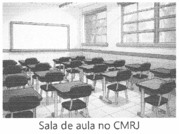 Ilustração de uma sala de aula com carteiras escolares enfileiradas, quadro branco e janelas, com a legenda impressa "Sala de aula no CMRJ".