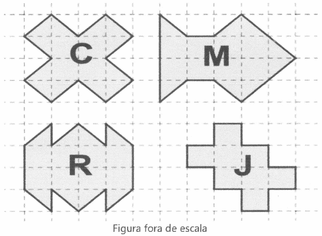 Malha tracejada de retângulos iguais com quatro canteiros cinza: C, em forma de X com lados diagonais; M, em forma de seta apontando para a direita com entalhe triangular à esquerda; R, hexagonal com entalhes triangulares em cima e embaixo; J, em forma de cruz com braços formados por retângulos da malha. Legenda: Figura fora de escala.