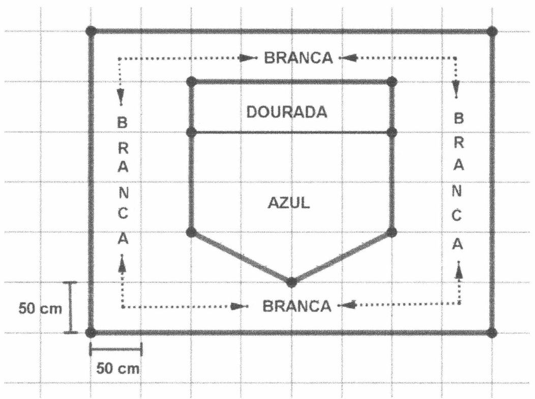 Bandeira desenhada sobre malha quadriculada de quadrados de 50 cm × 50 cm: um retângulo externo de 8 quadrados de largura por 6 de altura, pintado de BRANCA em toda a faixa entre a borda externa e o escudo interno. O escudo interno ocupa 4 quadrados de largura: uma faixa superior de 1 quadrado de altura pintada de DOURADA e, abaixo, a parte AZUL com 2 quadrados de altura retangular terminando em ponta triangular cujo vértice fica 1 quadrado abaixo, no centro.