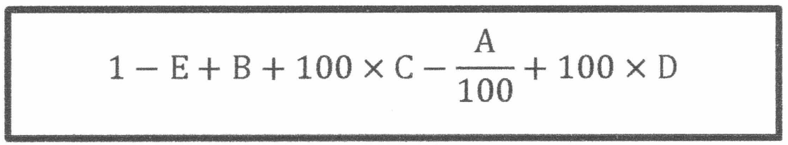 Expressão em quadro: 1 − E + B + 100 × C − A/100 + 100 × D.