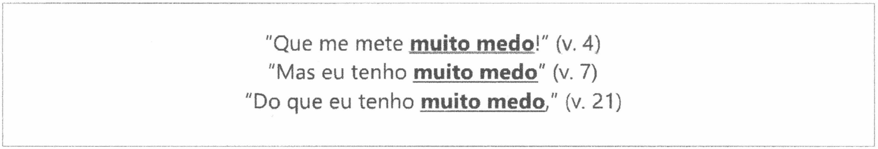 Quadro com três versos, em cada um dos quais a expressão "muito medo" aparece em negrito sublinhado: "Que me mete muito medo!" (v. 4); "Mas eu tenho muito medo" (v. 7); "Do que eu tenho muito medo," (v. 21).