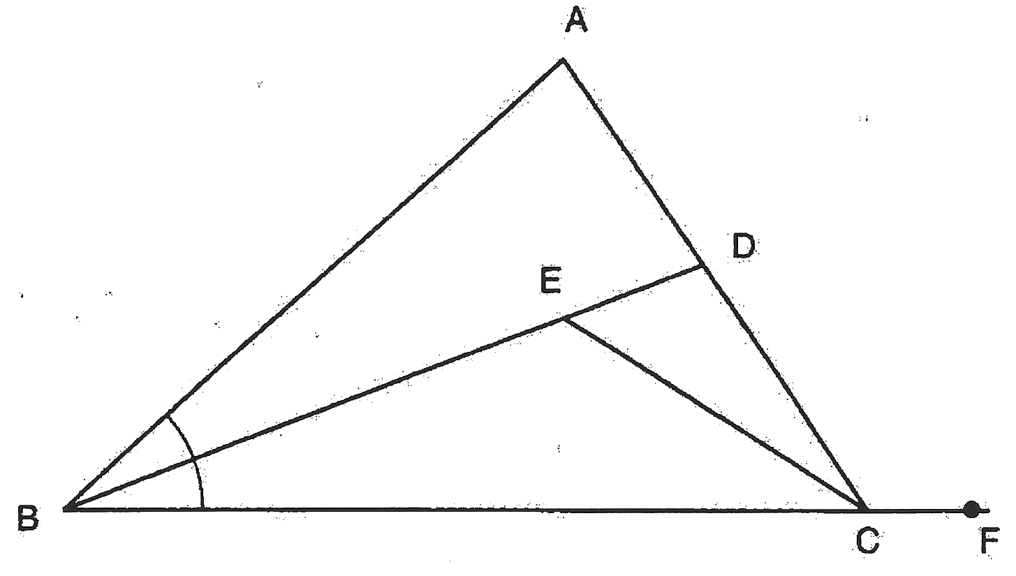Figura: triângulo ABC com o prolongamento do lado BC até o ponto F; segmento BD com D sobre AC, ponto E sobre BD e segmento CE; arcos marcando os ângulos ABD e DBC.