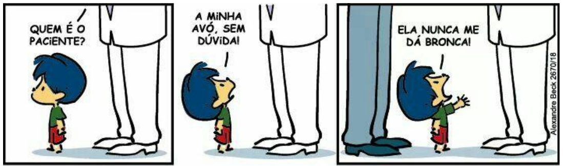 Tirinha em três quadros. Quadro 1: Armandinho, de cabelo azul, fala a um médico de jaleco branco, de quem só se veem as pernas: “Quem é o paciente?”. Quadro 2: Armandinho, olhando para cima, responde: “A minha avó, sem dúvida!”. Quadro 3: ao lado do médico e de outro adulto, Armandinho completa, gesticulando: “Ela nunca me dá bronca!”. Assinatura: Alexandre Beck.