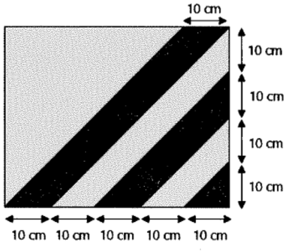 Retângulo com listras diagonais pretas e cinza. A base está dividida em cinco segmentos de 10 cm e a altura em quatro segmentos de 10 cm; no topo, a largura de uma listra é indicada como 10 cm.