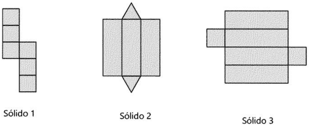 Três planificações. Sólido 1: seis quadrados dispostos em duas colunas deslocadas (planificação de cubo). Sólido 2: três retângulos lado a lado com um triângulo acima e outro abaixo do retângulo central (planificação de prisma triangular). Sólido 3: quatro retângulos empilhados com um retângulo menor à esquerda e outro à direita (planificação de paralelepípedo).