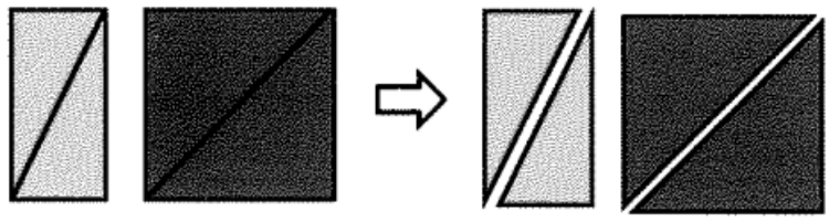 O retângulo cinza-claro e o quadrado cinza-escuro, cada um com uma diagonal traçada; uma seta aponta para as mesmas figuras separadas em dois triângulos cada.