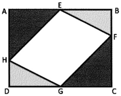 Quadrilátero ABCD (A superior esquerdo, B superior direito, C inferior direito, D inferior esquerdo) formado pelos quatro triângulos: triângulos escuros nos cantos A e C, claros nos cantos B e D; no centro, o quadrilátero branco EFGH, com E no lado AB, F no lado BC, G no lado DC e H no lado AD.